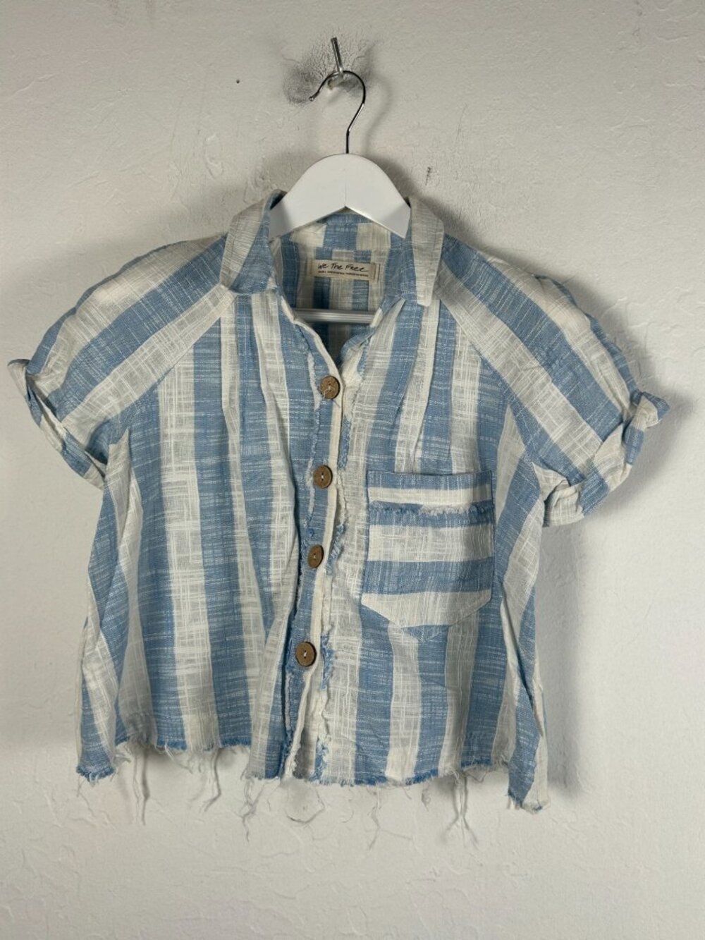 We The Free Womens Blue & White Striped Button-Up Crop Top Frayed Hem Small